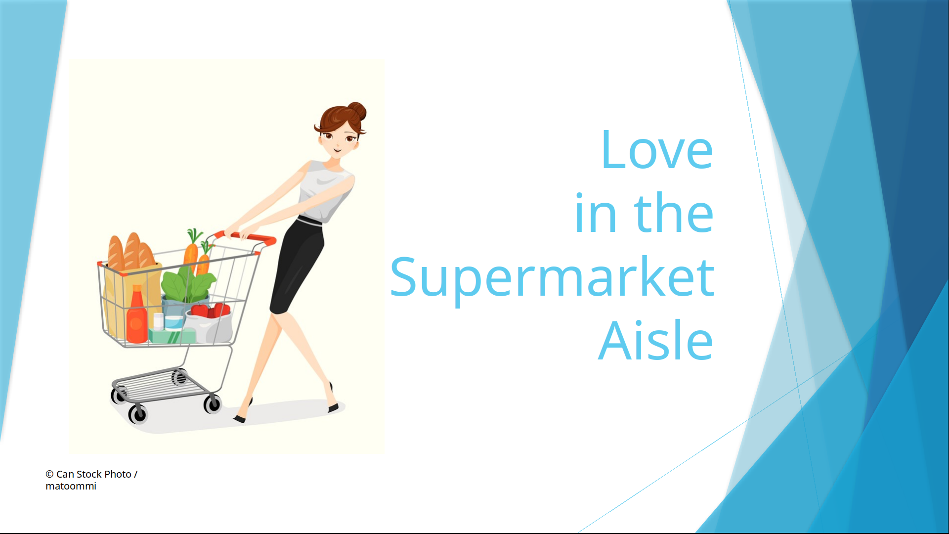 An illustration of a pretty young lady smiling as she pushes her shopping cart.