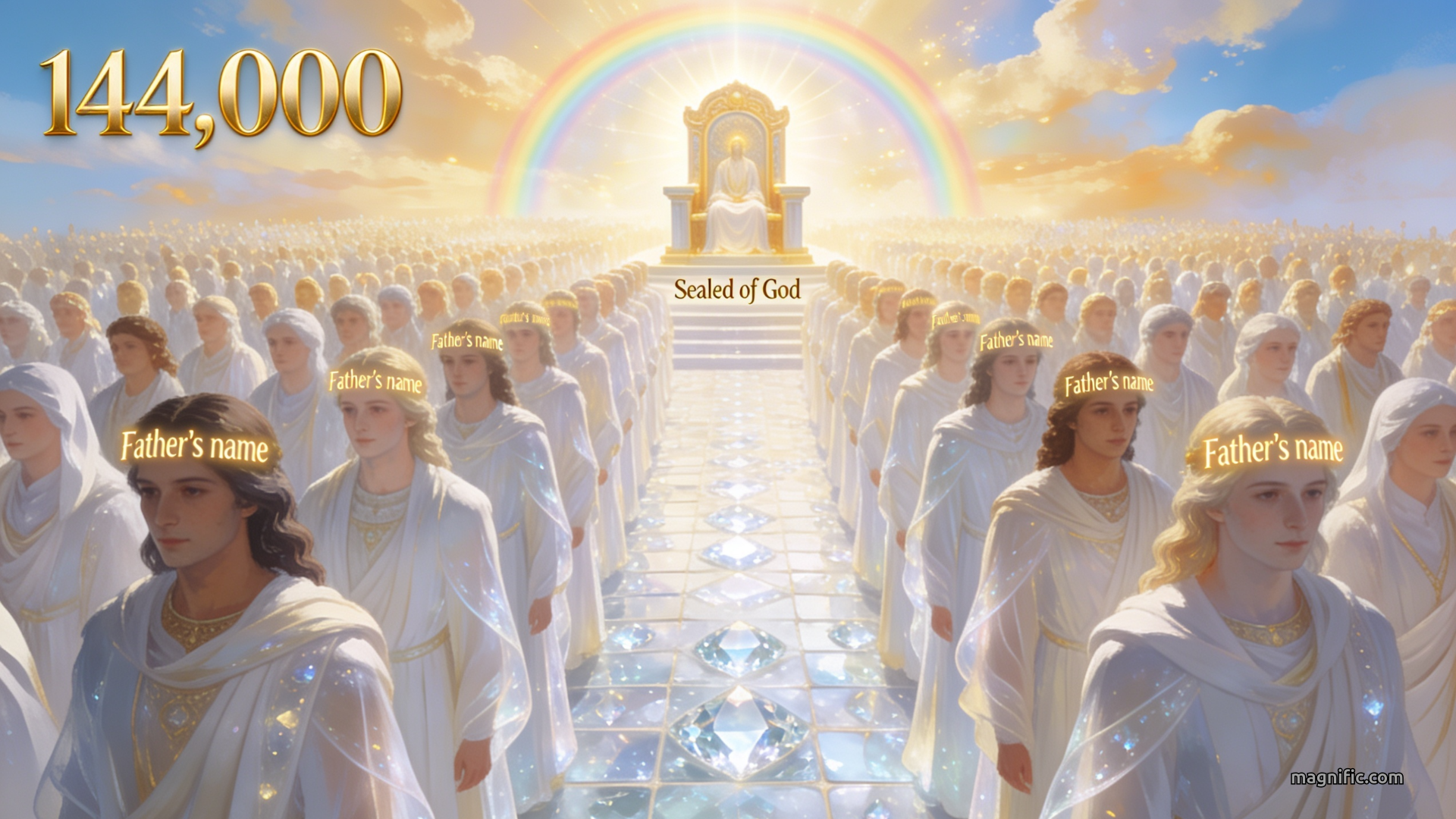 An illustration of 144,000 people dressed in white standing in front of the throne of God.