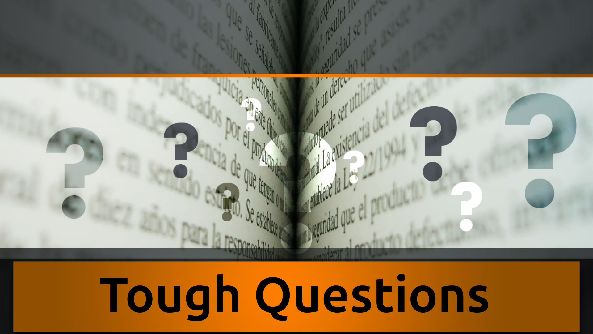 Question marks overlaid on a photo of a book.