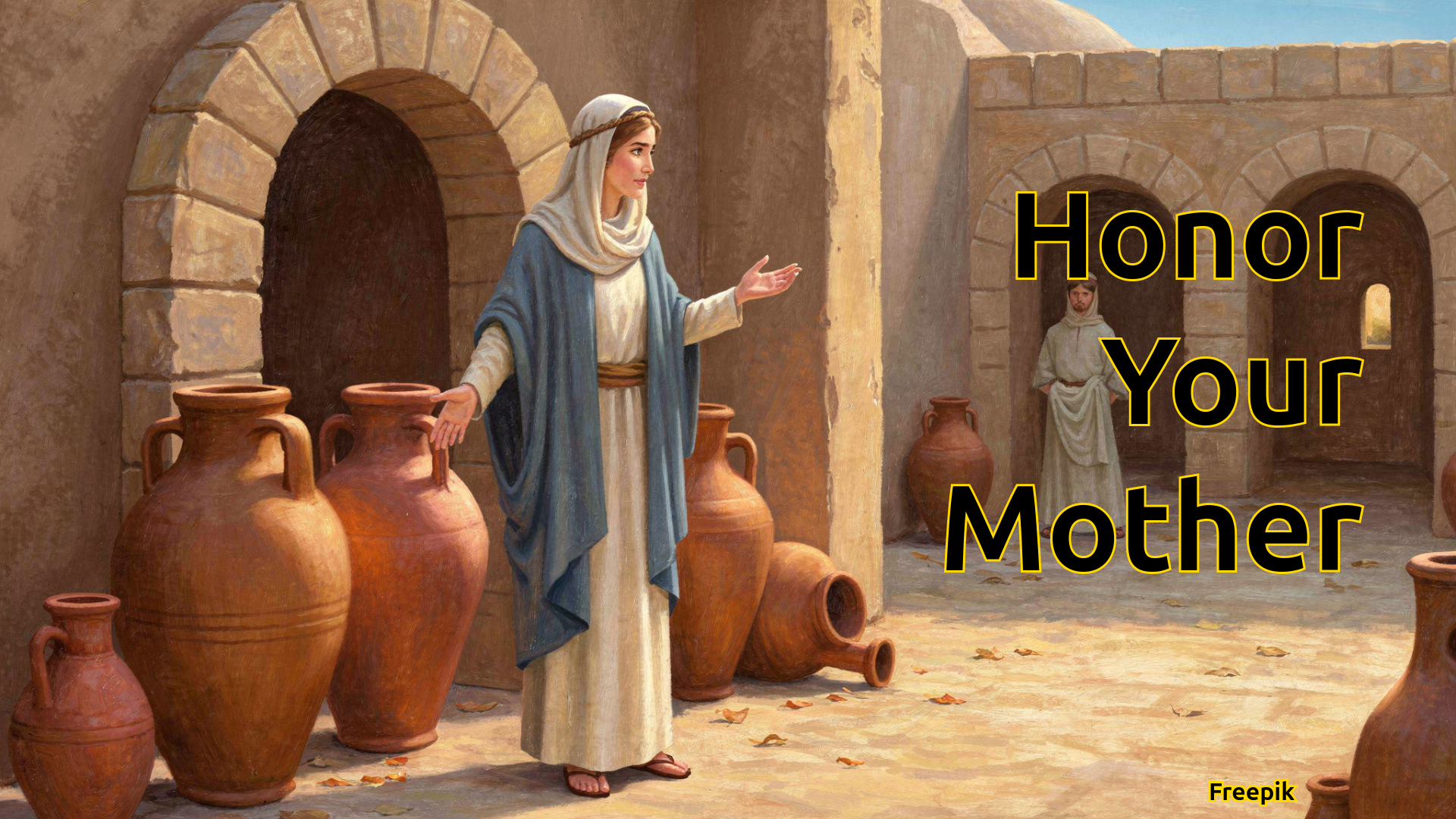 An illustration of Mary at the Cana wedding speaking to Jesus about the need for more wine.