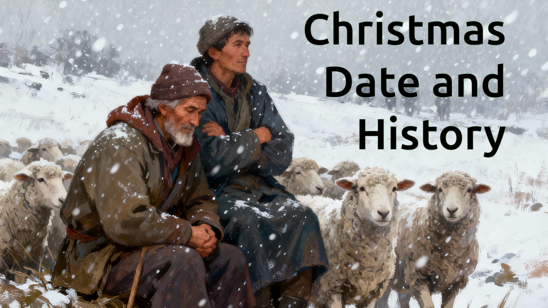 A picture of some cold shepherds with some sheep in a snow storm.