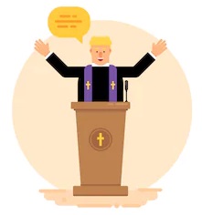 An illustration of a preacher behind a pulpit with his arms raised.