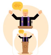 An illustration of a preacher behind a pulpit with his arms raised and inset below him is another version of himself.
