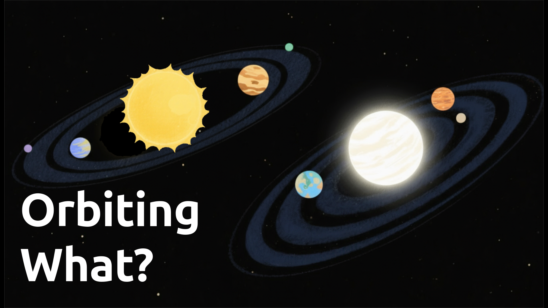 An illustration of two solar systems. One has a yellow sun with planets around it. The other has a bright white orb with planets around it.