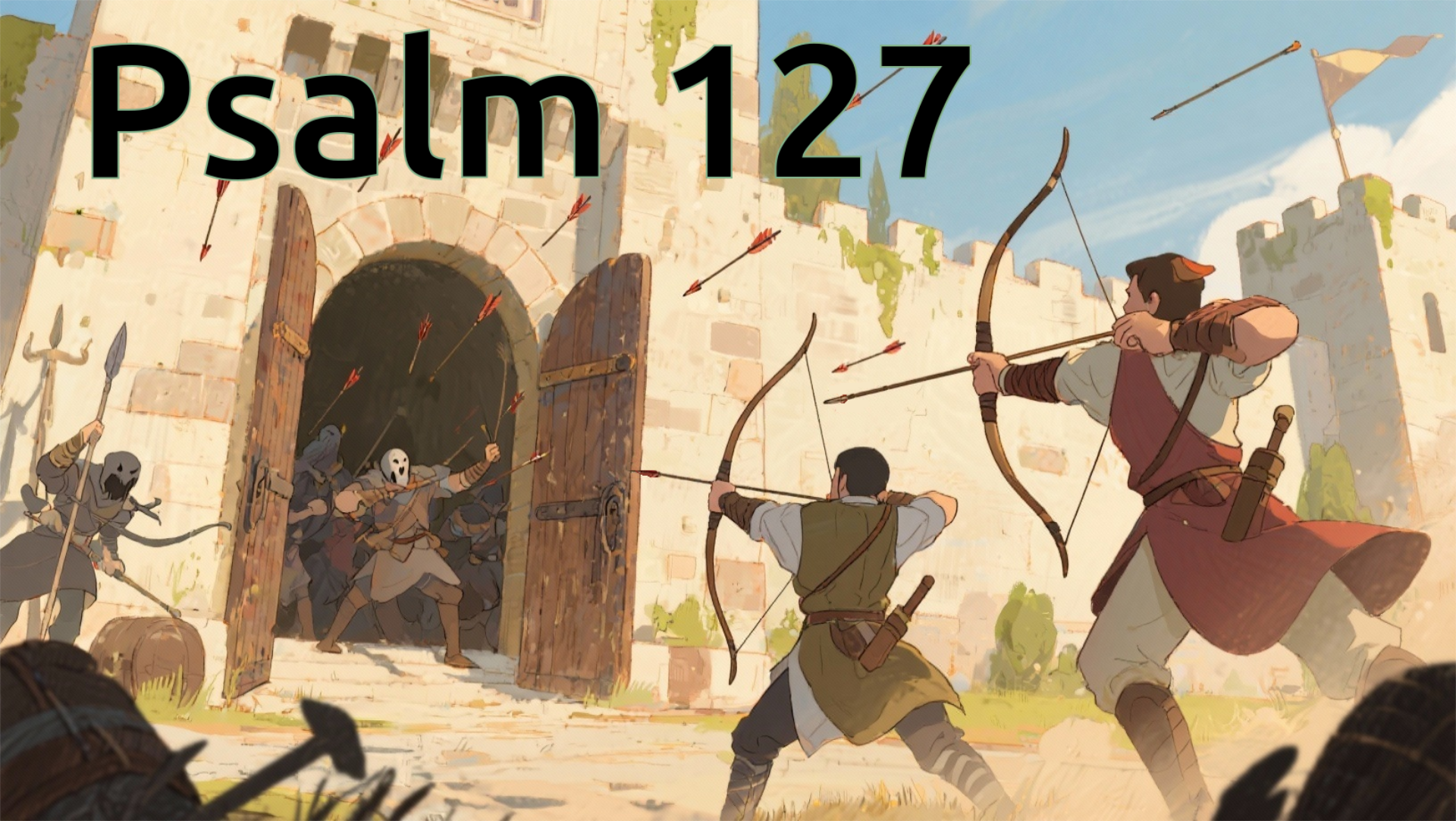 A picture of archers defending a gateway that attackers have broken through.