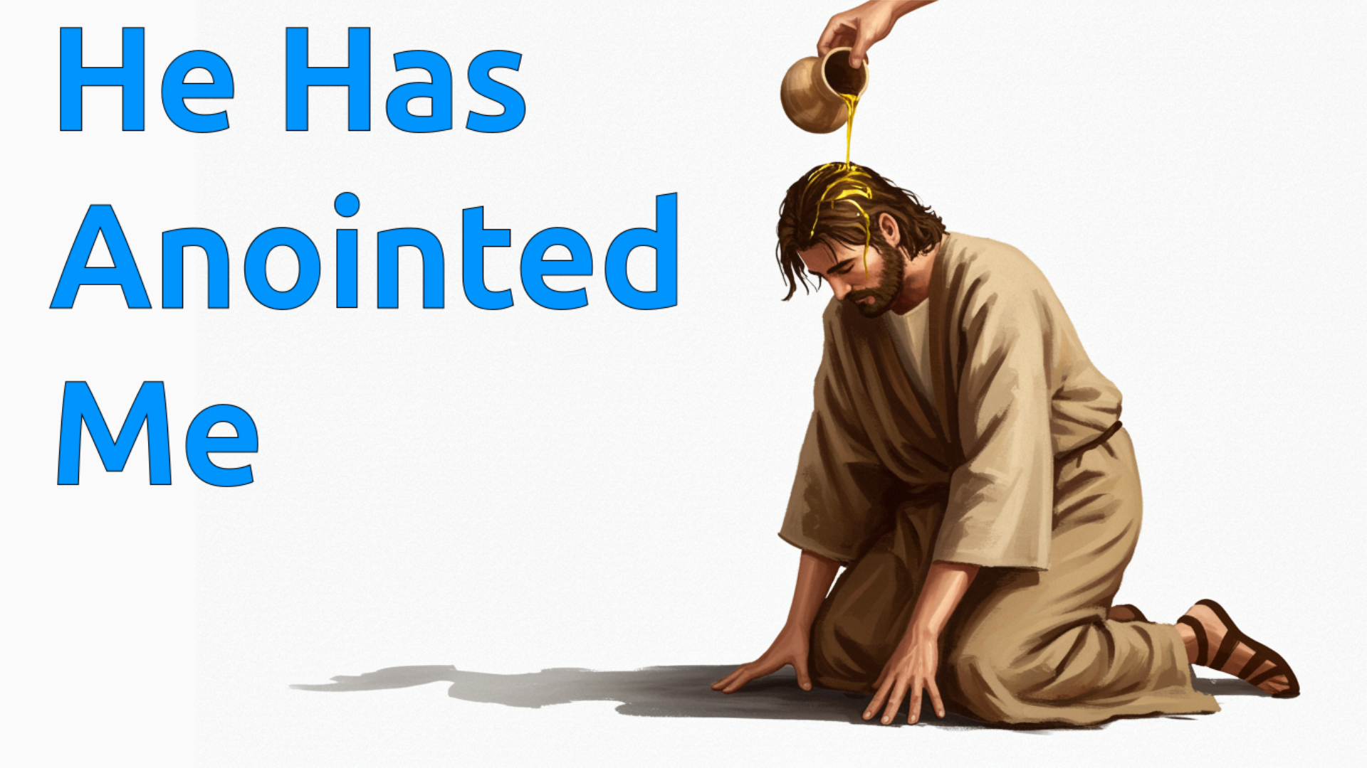 An illustration of a kneeling man having oil poured on his head by the hand of an unseen person.