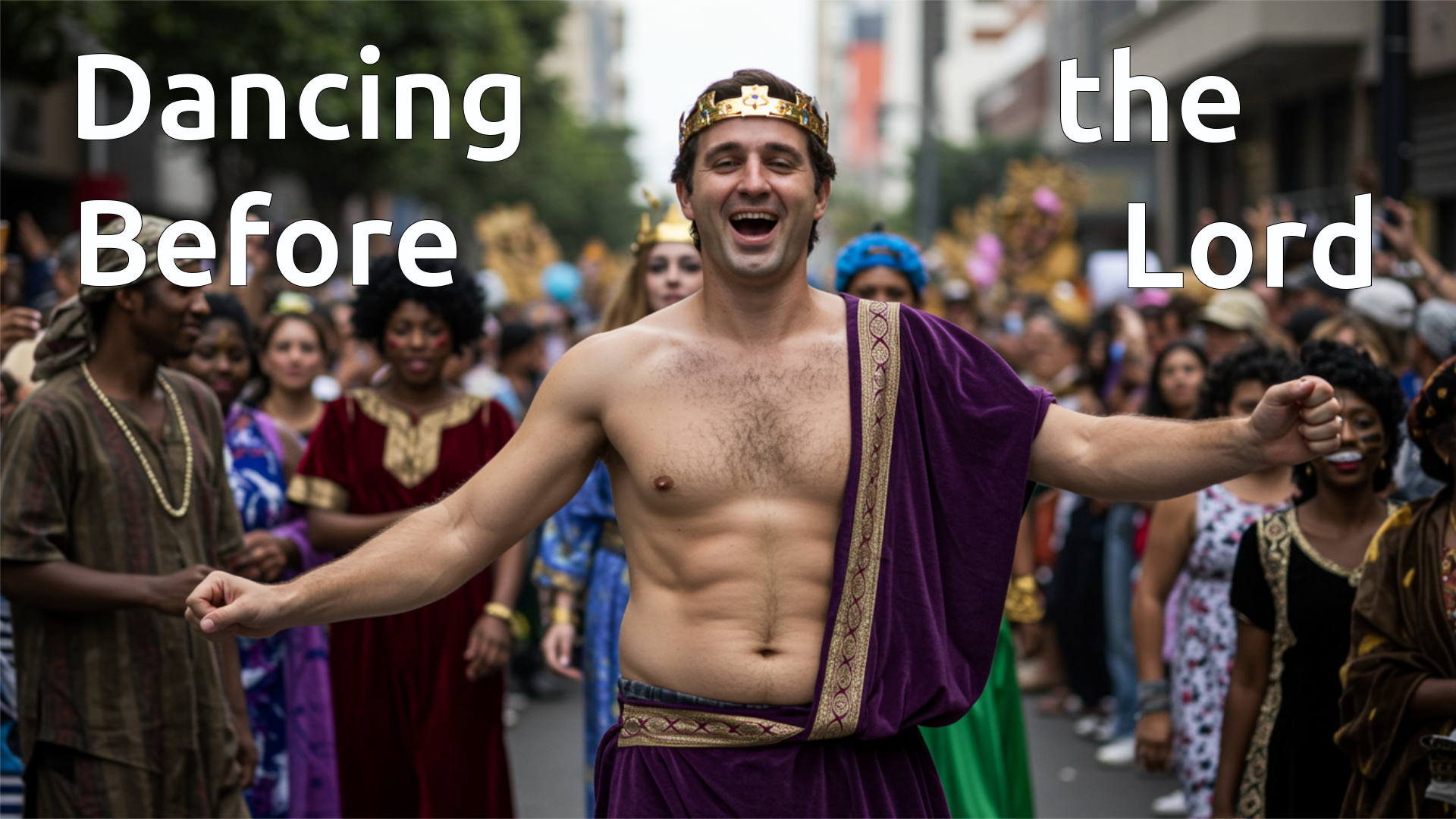 A picture of a man in a parade dressed and acting as King David when he danced before the Lord.