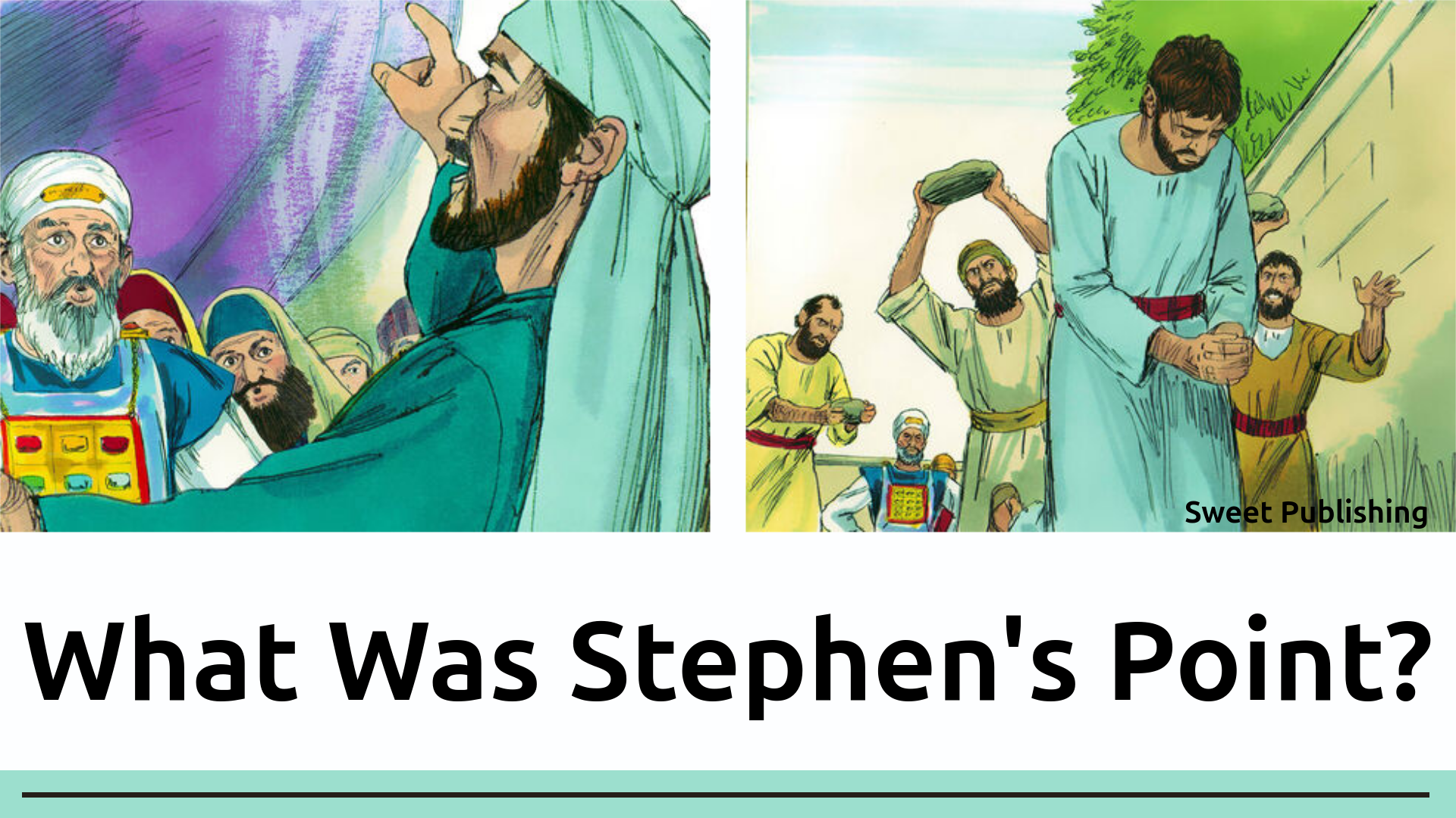 Two comic-style illustrations of scenes from the trial of Stephen. In one he is presenting his case to shocked onlookers. In the other he is outside and about to be stoned.