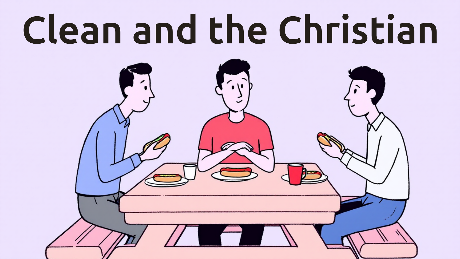 An illustration of three people at a picnic table. Two of them are eating hotdogs, but the third is not eating his and has pushed his plate away.