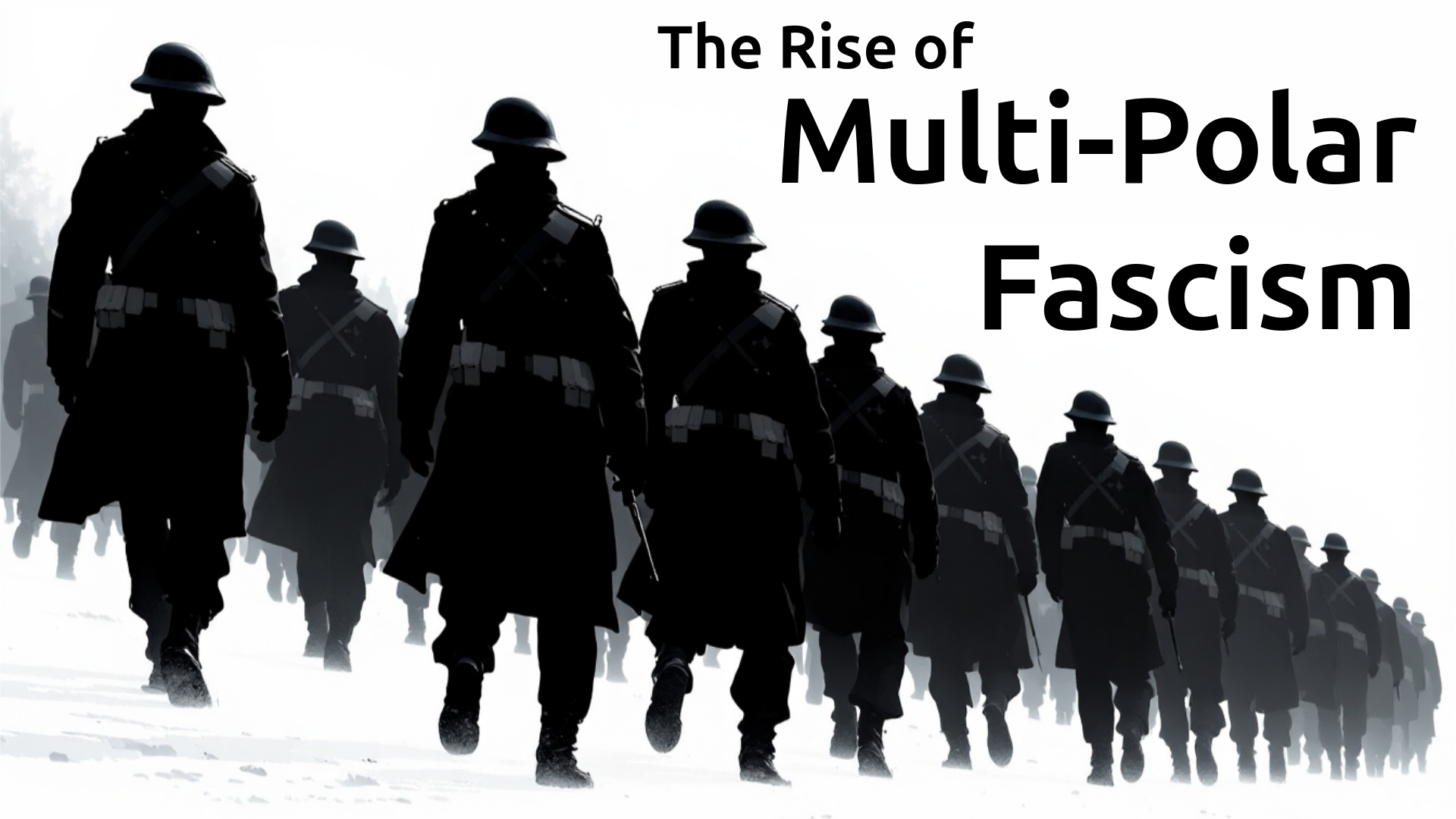 An illustration of a troop of Nazi soldiers walking on the snowy ground.