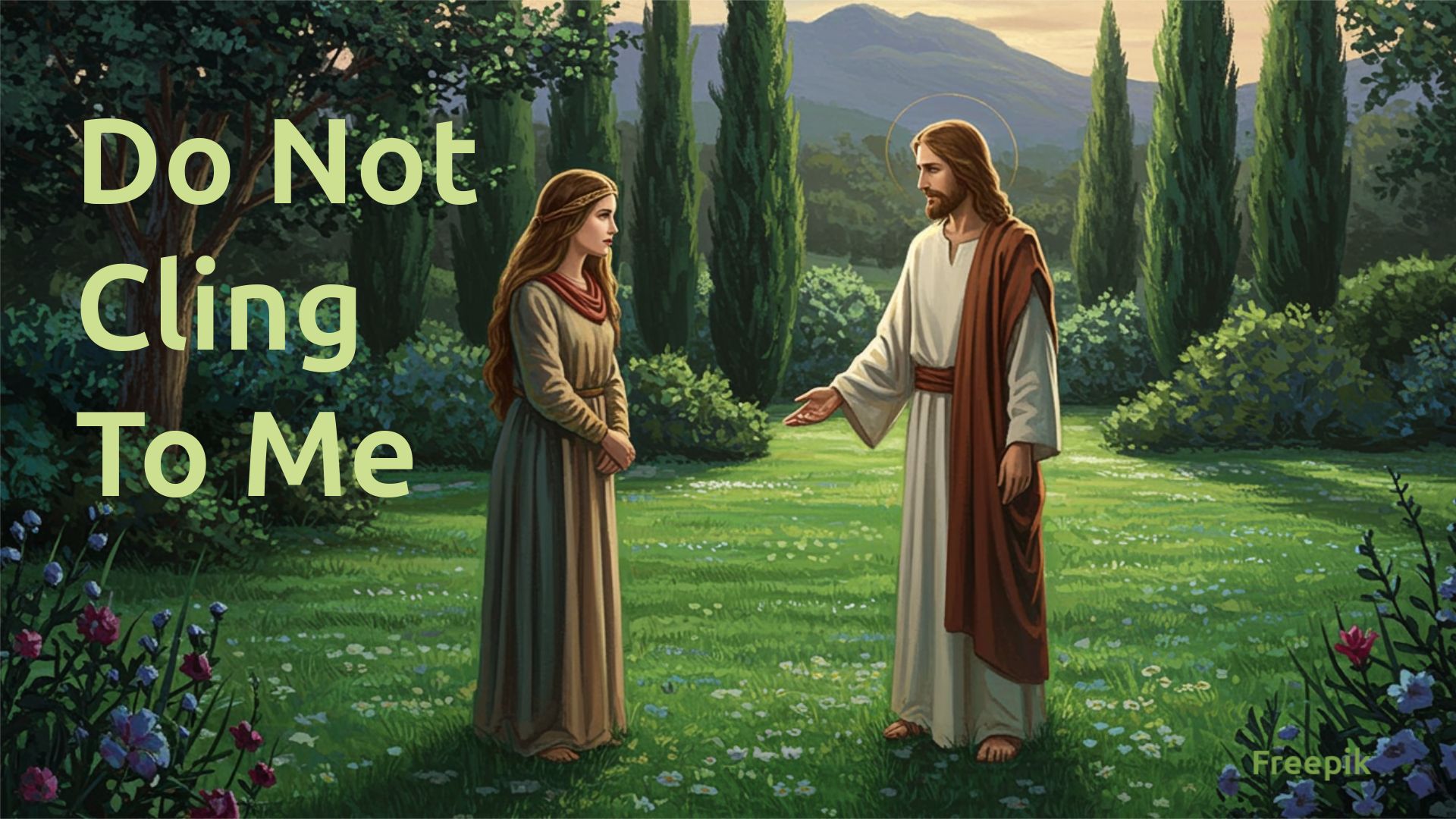 An illustration of Mary Magdalene and Jesus standing in a lush garden and looking at each other.