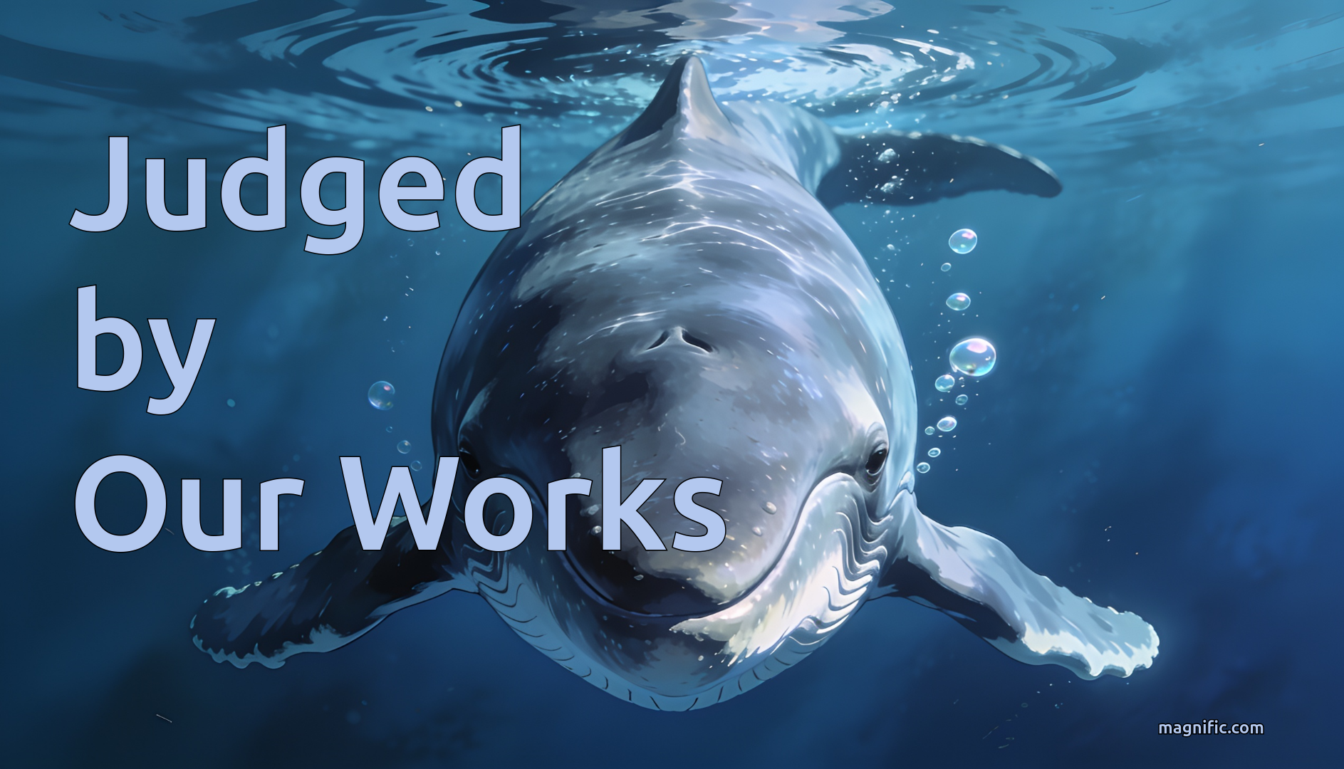 An illustration of a whale swimming toward us.