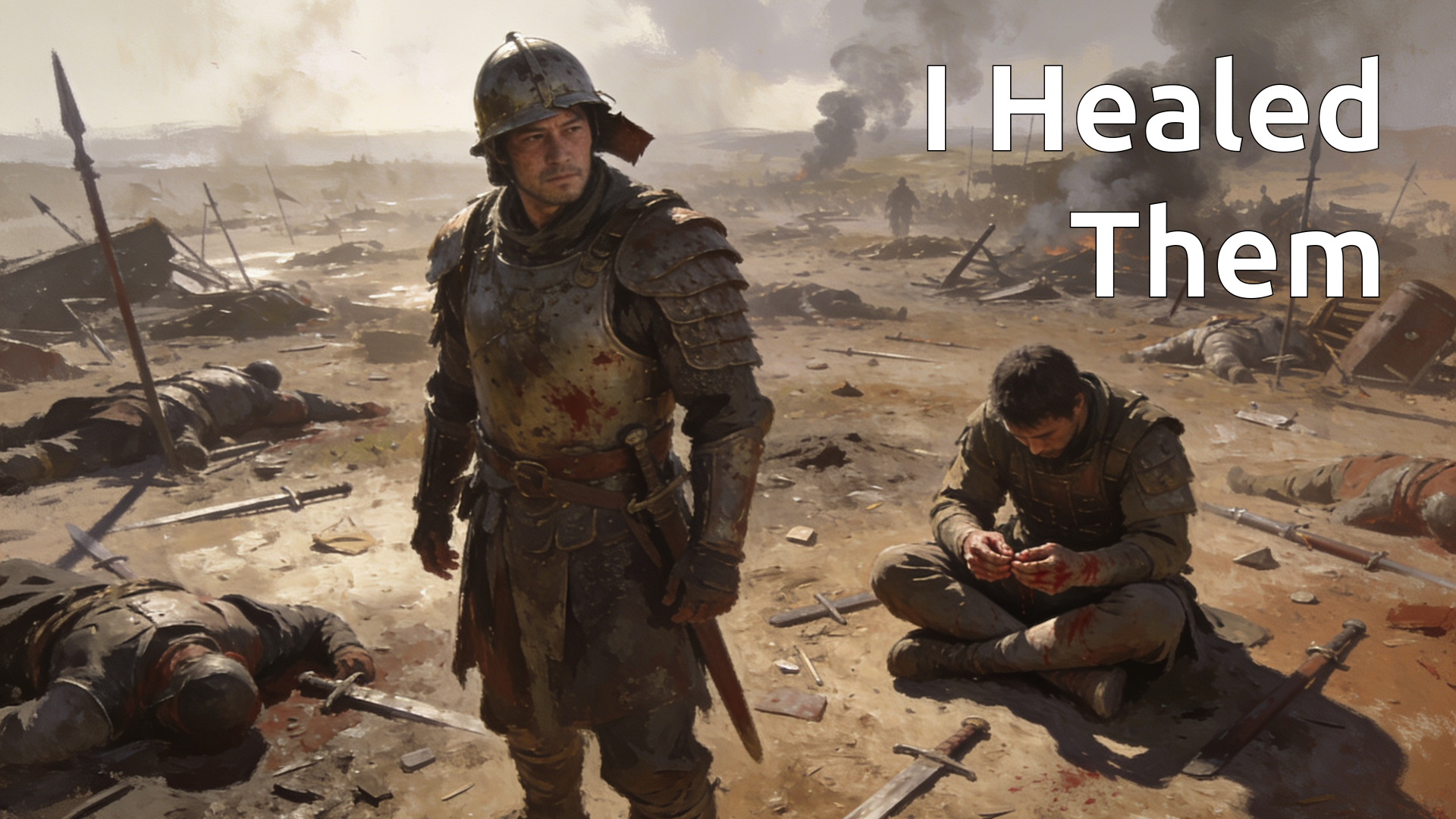 An illustration of an ancient battlefield. One man is standing up, his injuries are gone. A man beside him is sitting down. His injuries are healing.