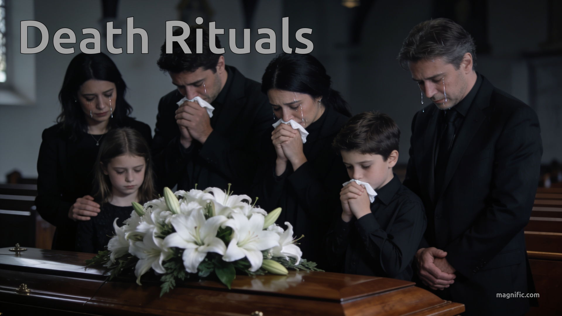 A family at a funeral standing around a casket and crying.