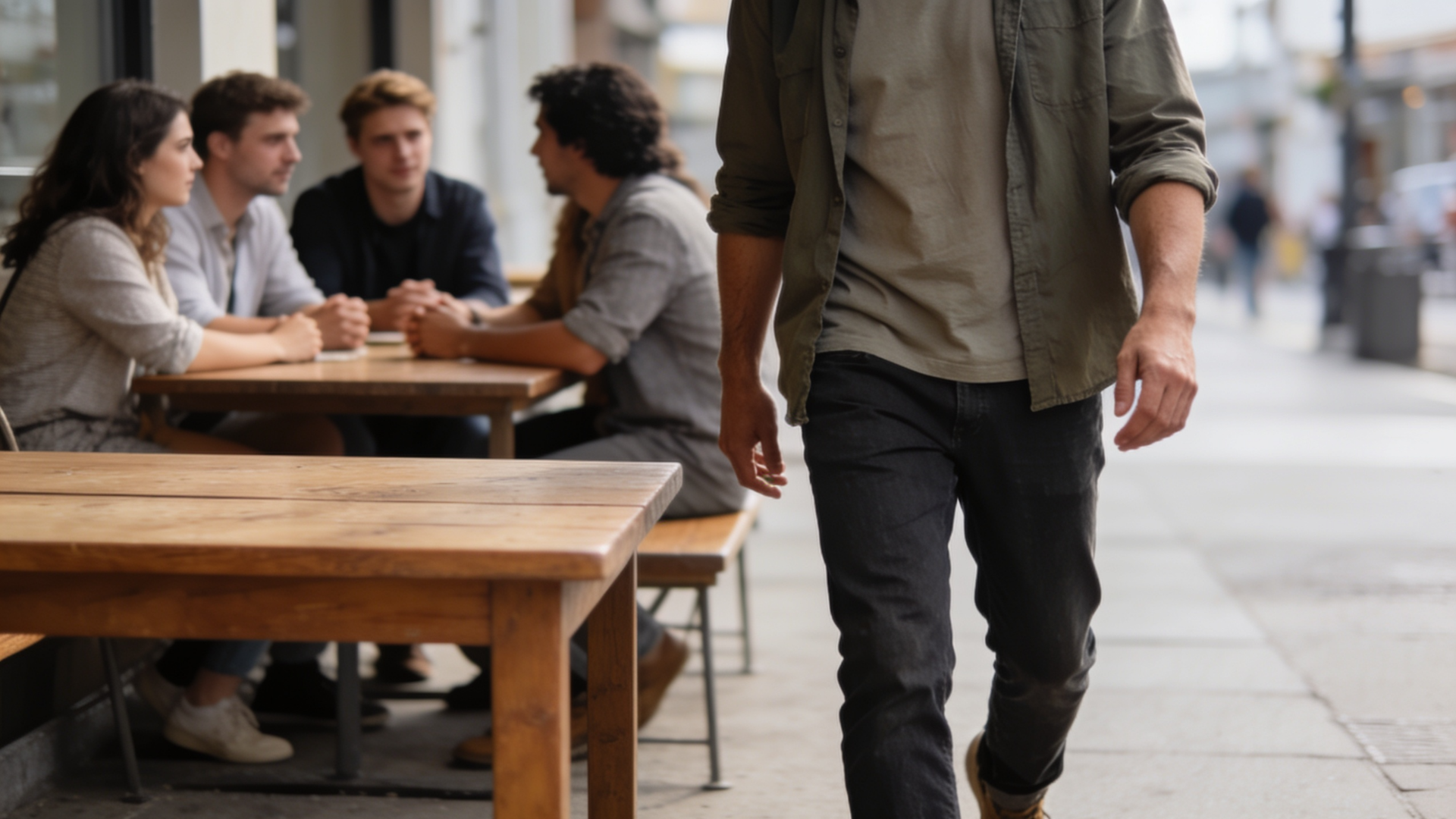 A man shuns a group of people sitting at a table, while walking by.